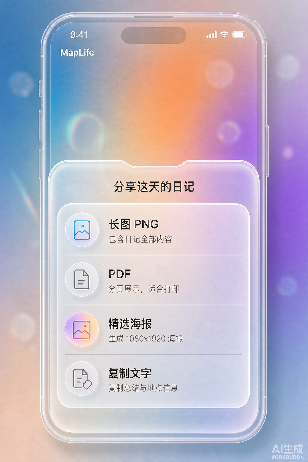 日记导出：分享面板提供长图 PNG / PDF / 精选海报 / 复制文字四种方式